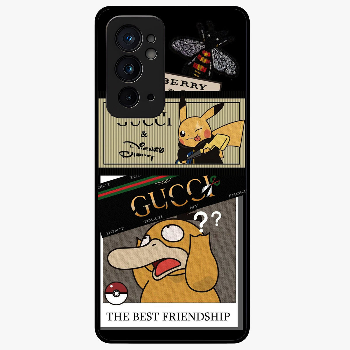 Gucci Play Mashup Glass Case showing flat back view with luxury inspired graphic artwork and glossy glass finish.