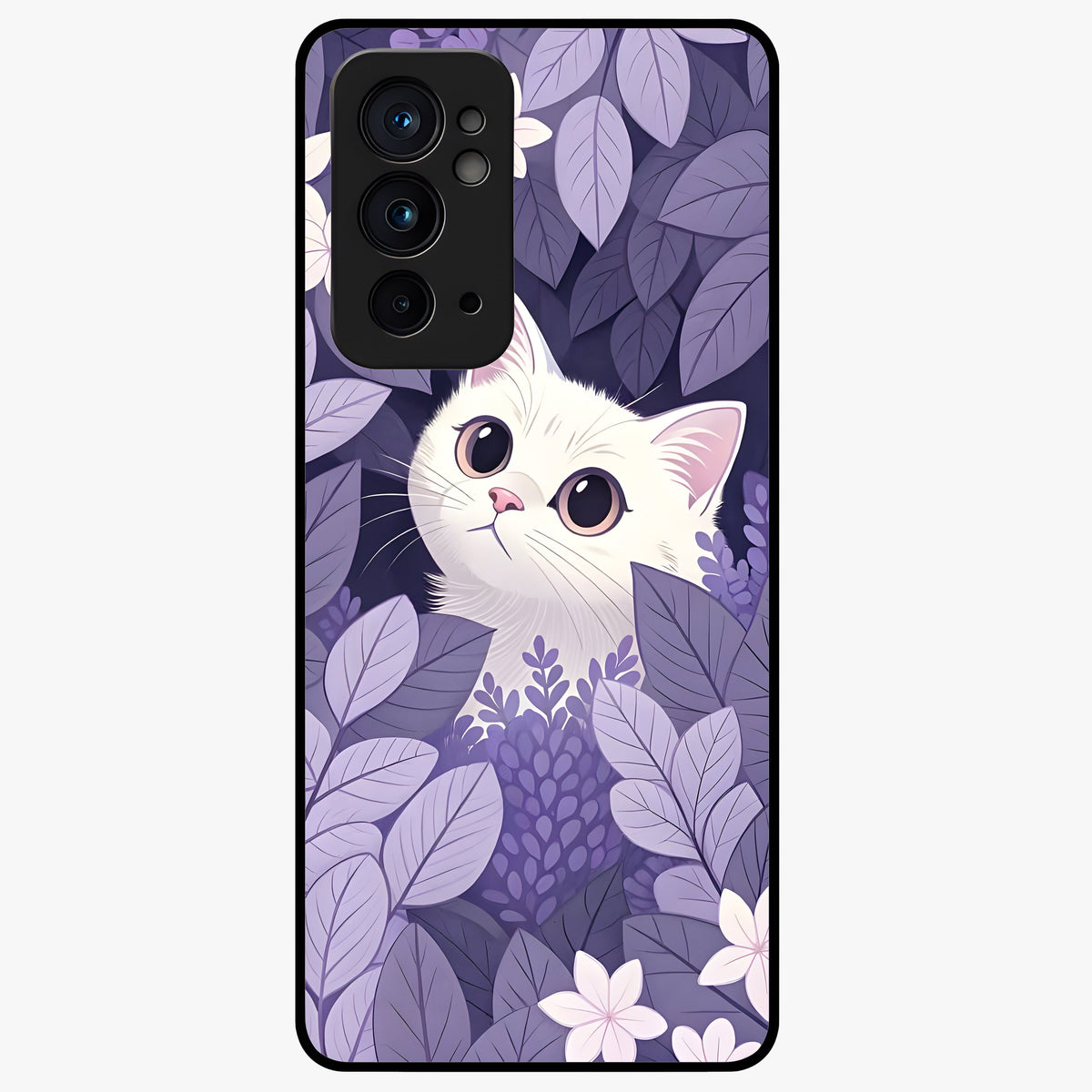 Lilac Hide Peek Cat Glass Case showing flat back view with cute peeking cat artwork and glossy glass finish.