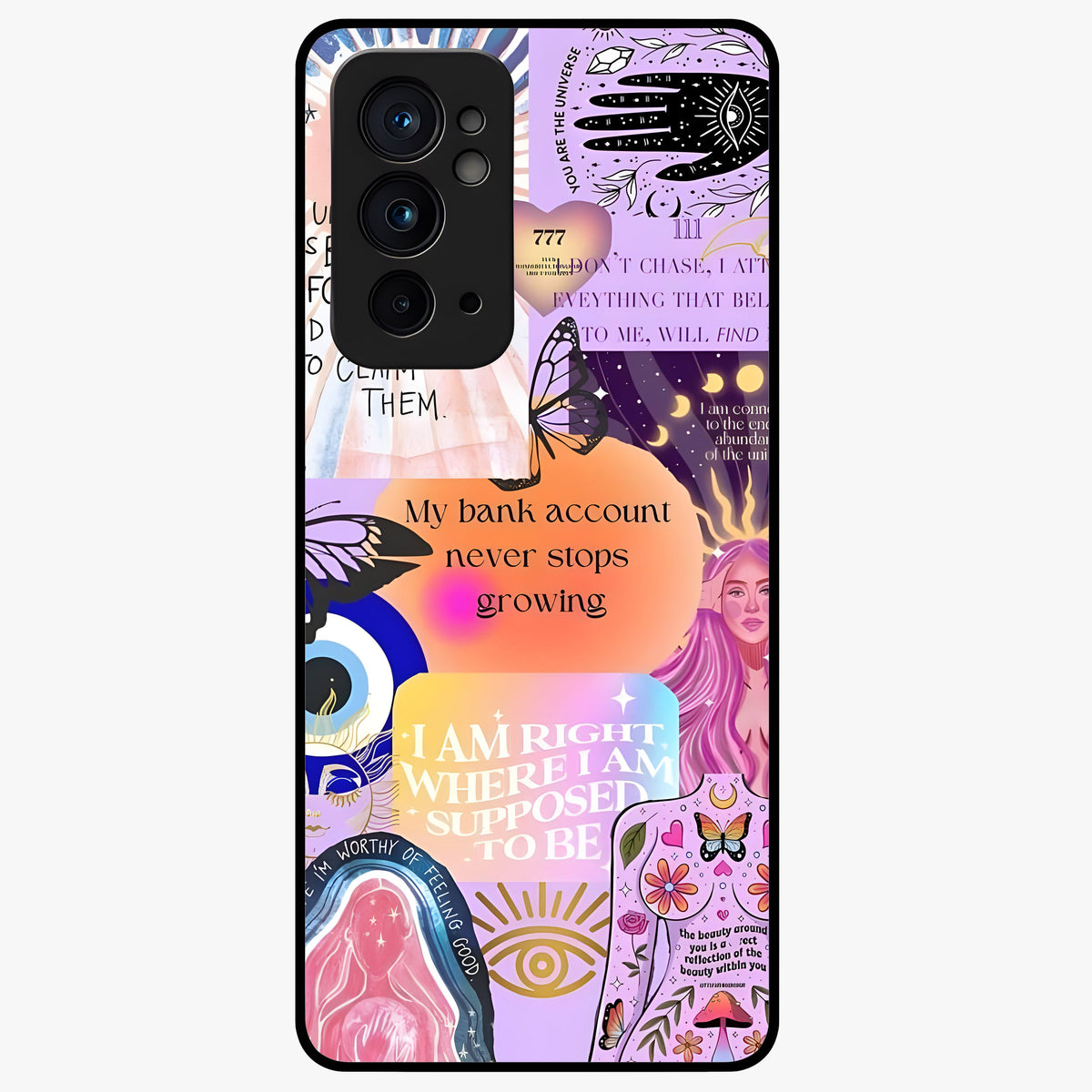 Manifestation Collage Glass Case showing flat back view with motivational collage artwork and glossy glass finish.