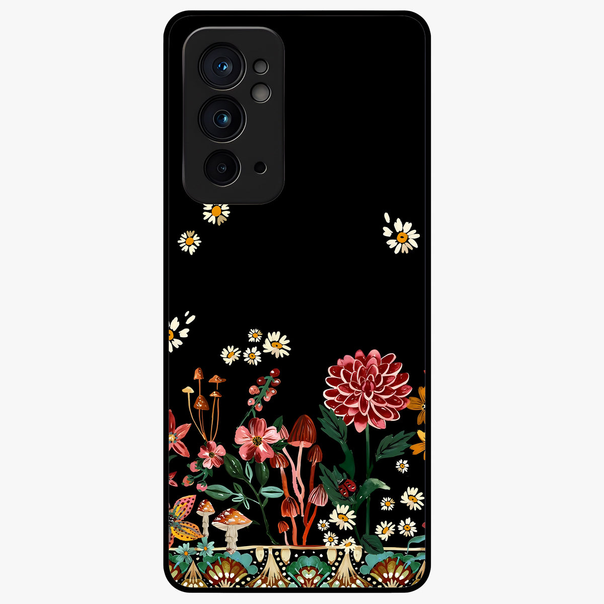 Midnight Bloom Pattern Glass Case showing flat back view with dark floral pattern artwork and glossy glass finish.