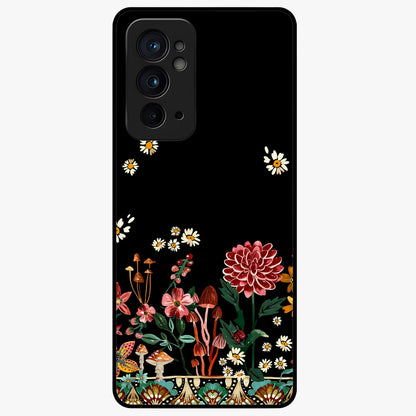 Midnight Bloom Pattern Glass Case showing flat back view with dark floral pattern artwork and glossy glass finish.