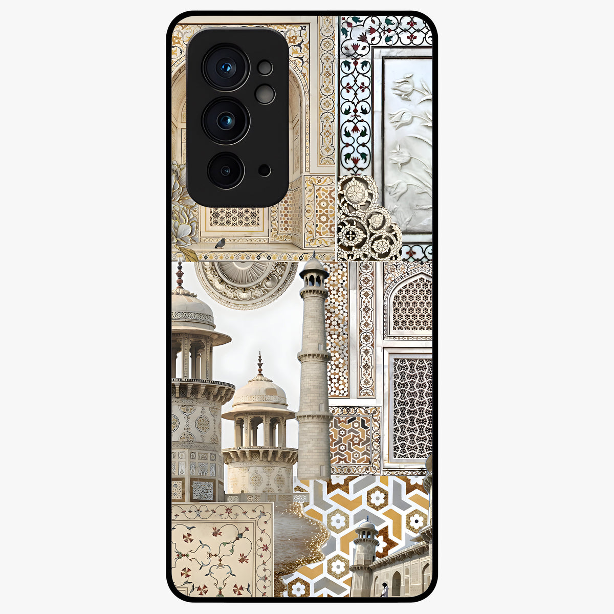 Mughal Marble Legacy Glass Case showing flat back view with intricate Mughal inspired marble pattern and glossy glass finish.