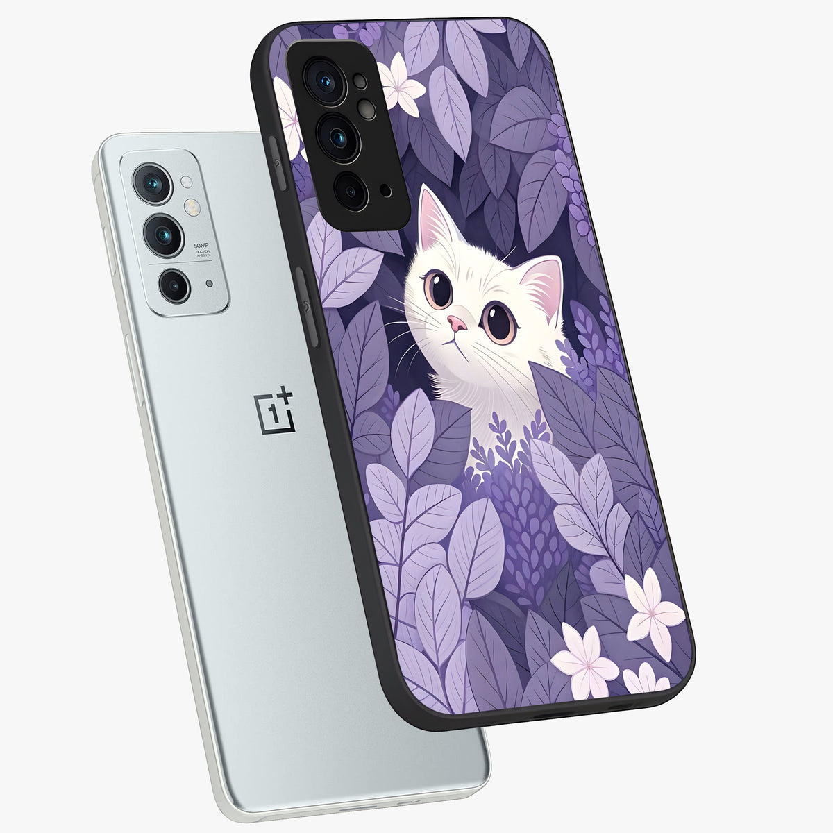 Lilac Hide Peek Cat Glass Case displayed in angled mockup highlighting playful feline illustration with lilac aesthetic design.