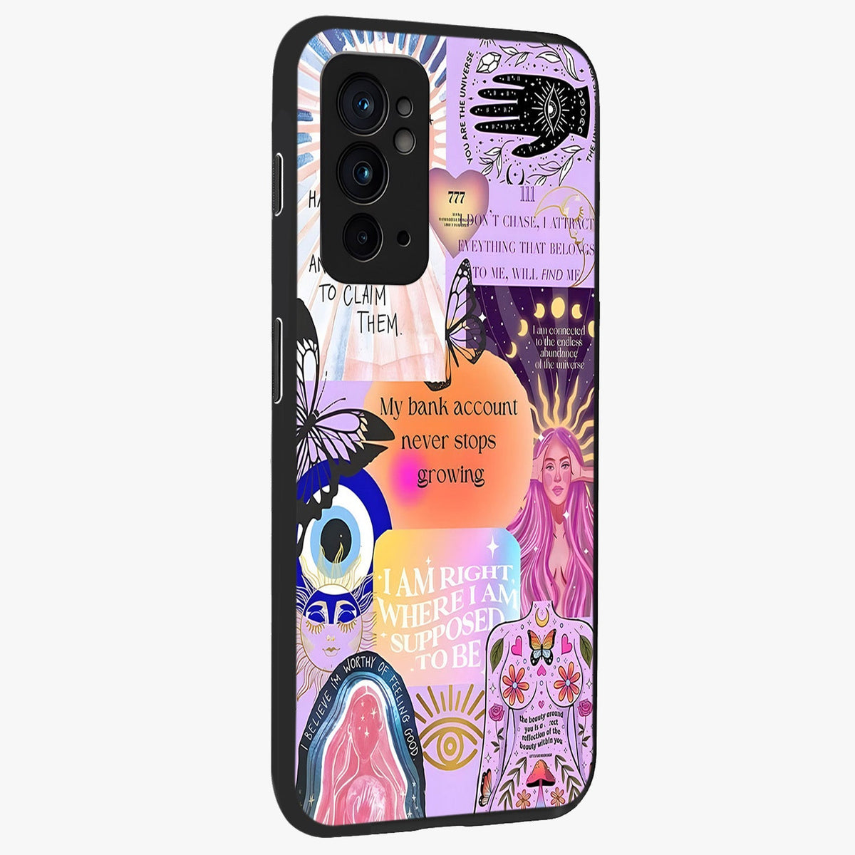 Manifestation Collage Glass Case upright view showcasing artistic manifestation themed artwork with creative style.