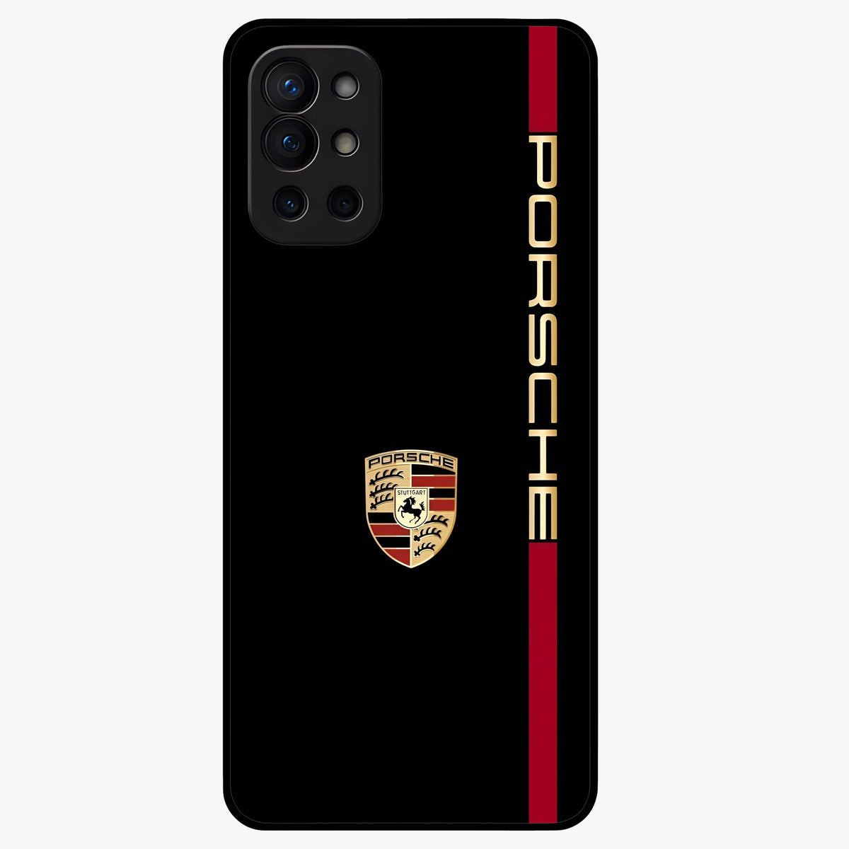 Black Minimal Porsche Glass Case showing flat back view with sleek minimal sports car artwork and glossy glass finish.