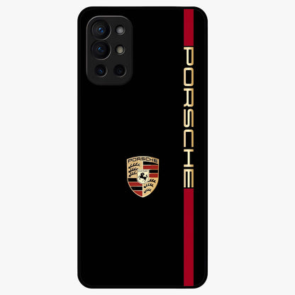 Black Minimal Porsche Glass Case showing flat back view with sleek minimal sports car artwork and glossy glass finish.