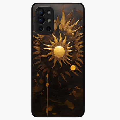 Golden Sun Majesty Glass Case showing flat back view with radiant golden sun artwork and glossy glass finish.