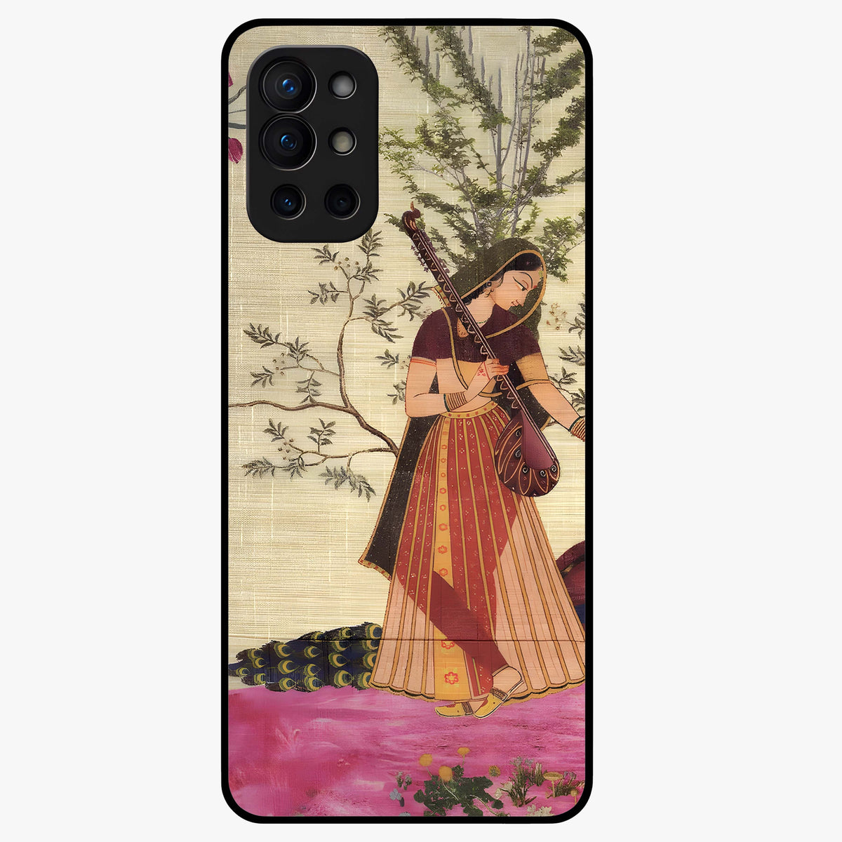 Lady With Veena Art Glass Case showing flat back view with elegant woman playing veena artwork and glossy glass finish.