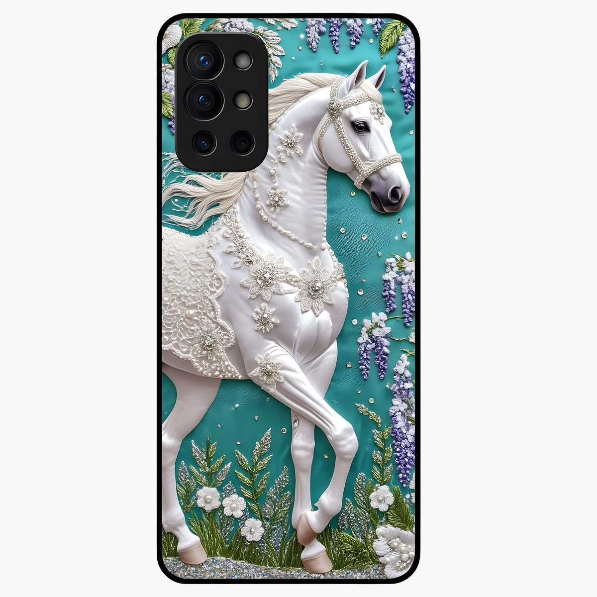 Majestic Floral Stallion Glass Case showing flat back view with powerful horse and floral artwork and glossy glass finish.