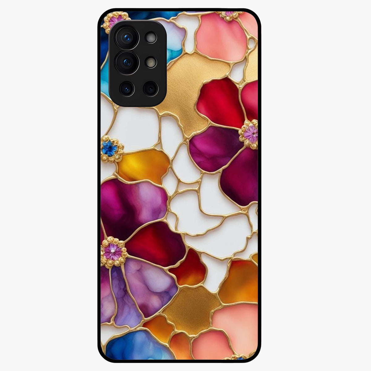Marble Flower Pattern Glass Case showing flat back view with marble texture floral artwork and glossy glass finish.