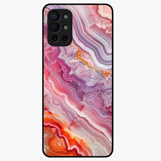 Rose Quartz Marble Glass Case showing flat back view with pink marble quartz texture artwork and glossy glass finish.