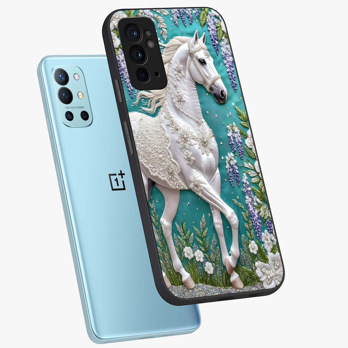 Majestic Floral Stallion Glass Case displayed in angled mockup highlighting majestic stallion illustration with elegant floral aesthetic.