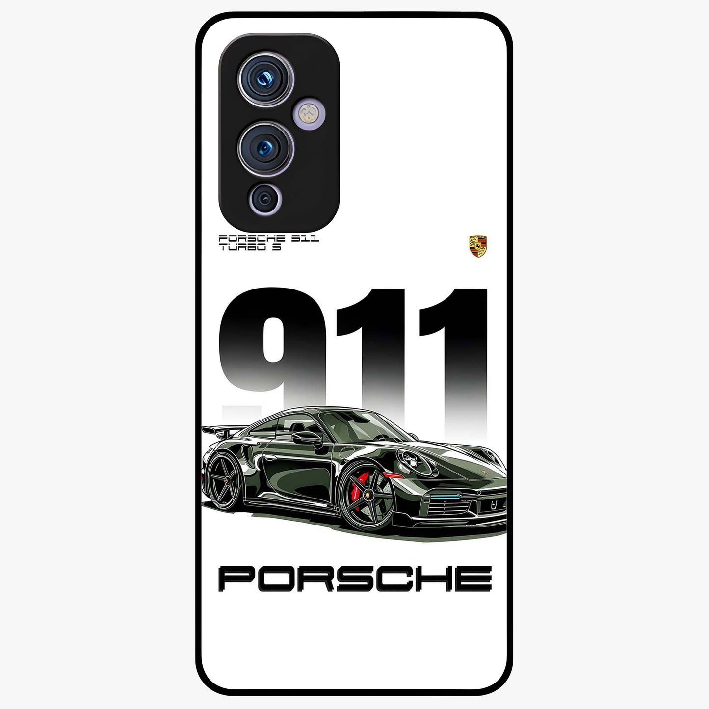 911 Turbo Dominance Glass Case showing clean flat back view with bold 911 sports car artwork and glossy glass finish.