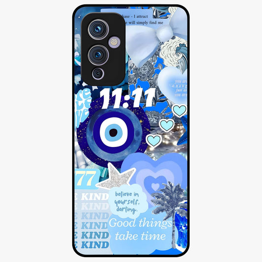 Aesthetic Be Kind Eye Glass Case showing flat back view with motivational eye artwork and glossy glass finish.