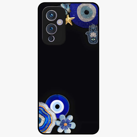 Aesthetic Blue Evil Eye Glass Case showing flat back view with protective evil eye artwork and glossy glass finish.