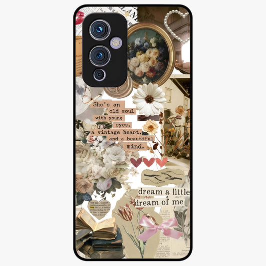 Aesthetic Brown Vintage Collage Glass Case showing flat back view with retro collage artwork and glossy glass finish.