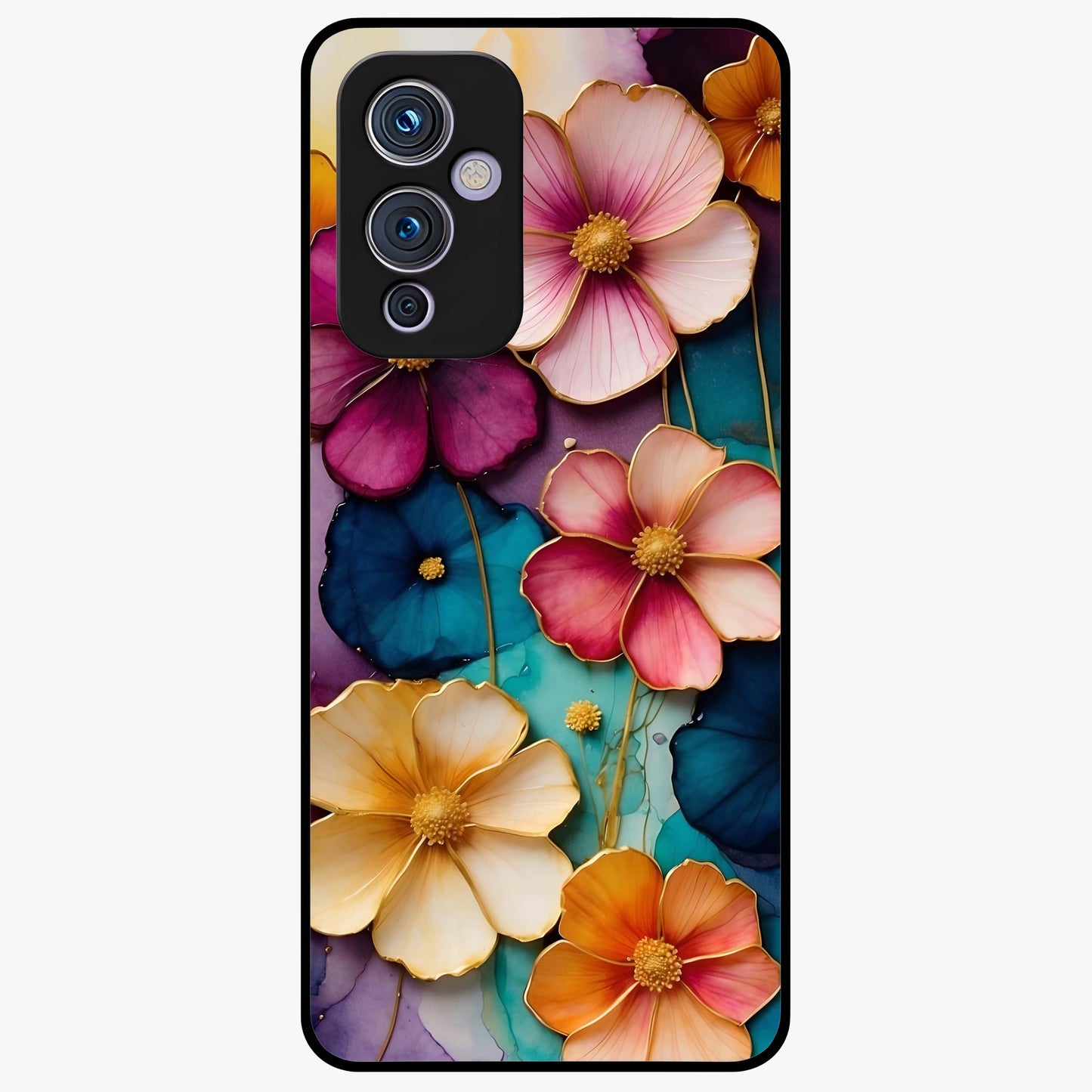 Artlyn Grace Flower Pattern Glass Case showing flat back view with elegant floral pattern artwork and glossy glass finish.