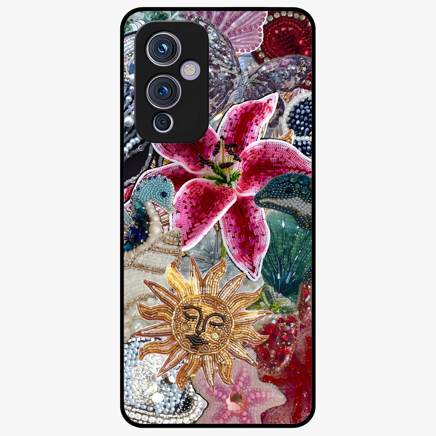 Beaded Garden Fantasy Glass Case showing flat back view with dreamy garden bead artwork and glossy glass finish.