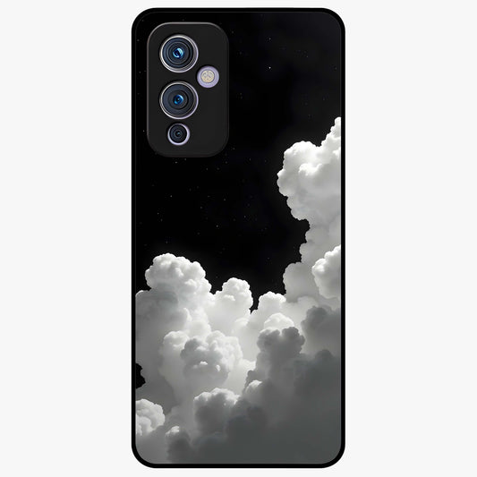 Black Background With White Cloud Glass Case showing flat back view with minimal cloud artwork on dark background and glossy glass finish.