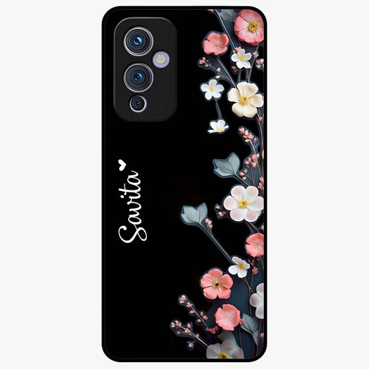 Black Elegance Floral Custom Name Glass Case showing flat back view with elegant floral artwork and personalized name design.