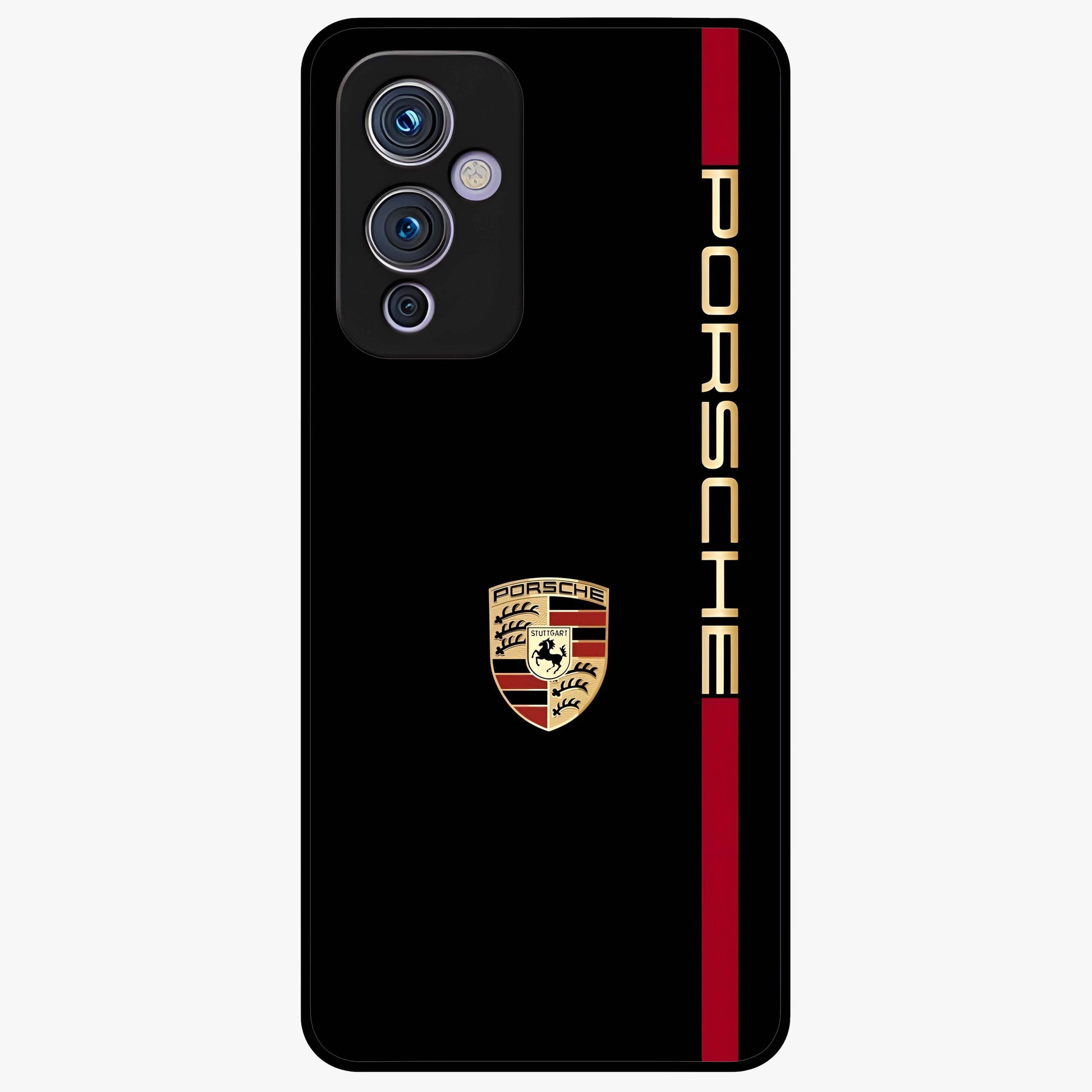 Black Minimal Porsche Glass Case showing flat back view with sleek minimal sports car artwork and glossy glass finish.