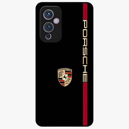 Black Minimal Porsche Glass Case showing flat back view with sleek minimal sports car artwork and glossy glass finish.
