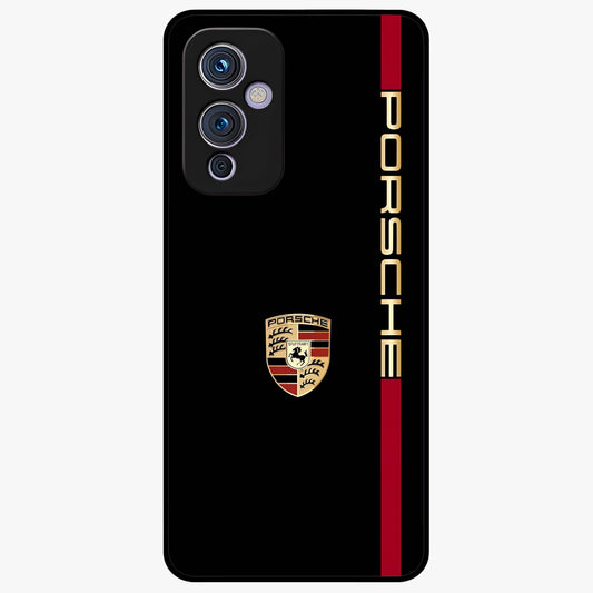Black Minimal Porsche Glass Case showing flat back view with sleek minimal sports car artwork and glossy glass finish.