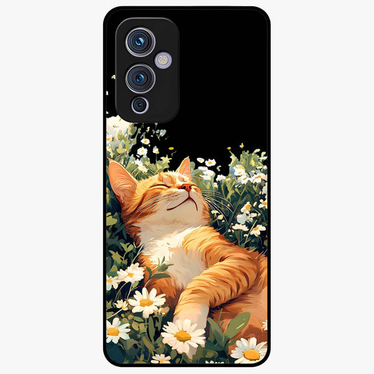 Blissful Bloom Cat Glass Case showing flat back view with cute cat and floral bloom artwork and glossy glass finish.