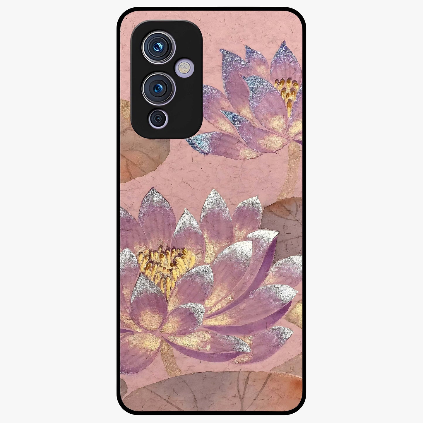 Blossom Mist Lotus Glass Case showing flat back view with serene lotus blossom artwork and glossy glass finish.