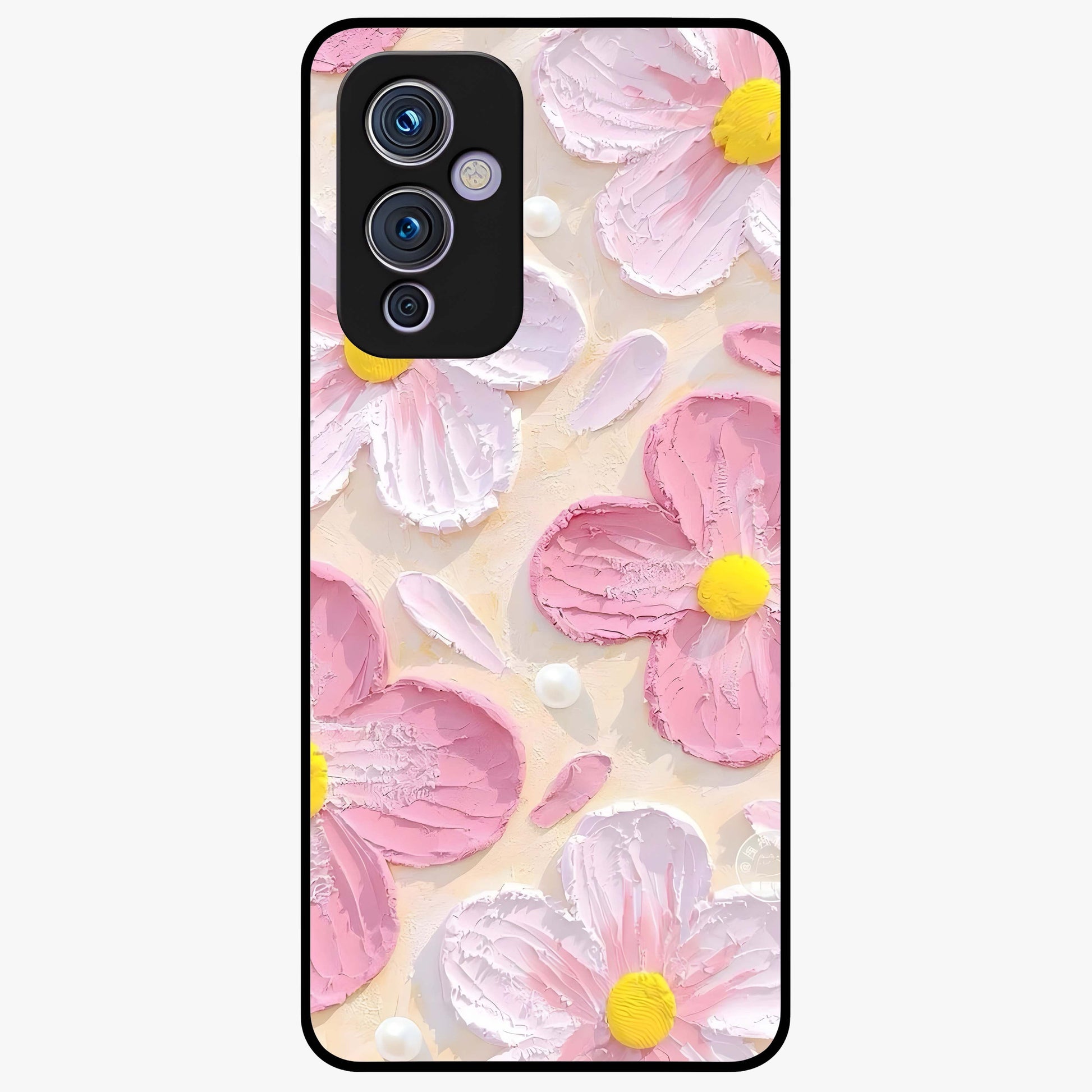 Blush Bloom Texture Glass Case showing flat back view with soft blush floral texture artwork and glossy glass finish.
