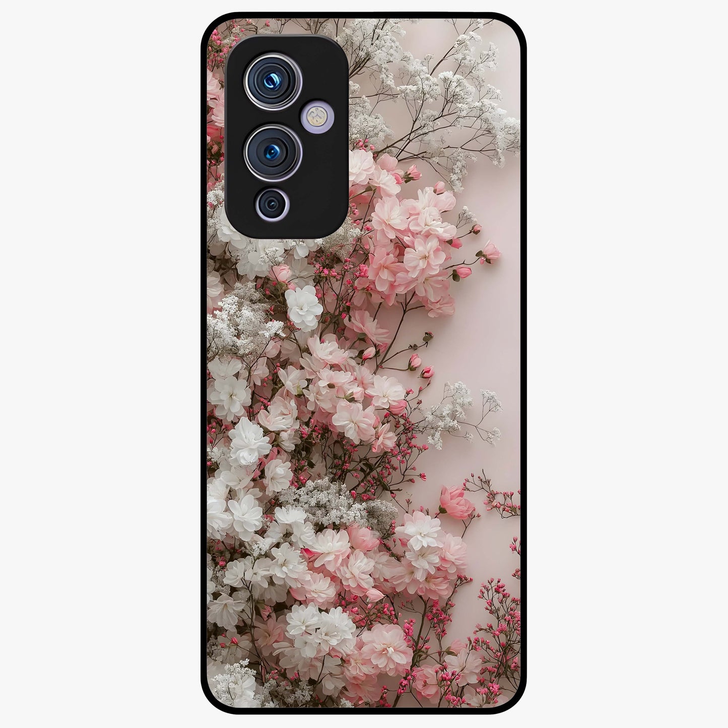 Blush Blossom Cloud Glass Case showing flat back view with dreamy blush cloud blossom artwork and glossy glass finish.