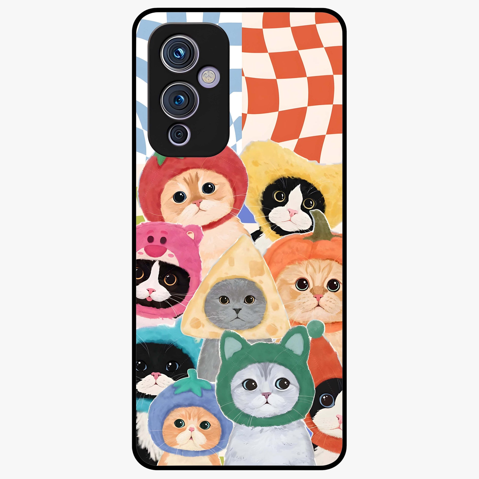 Cats in Fruits Glass Case showing flat back view with playful cat illustrations inside fruit artwork and glossy glass finish.