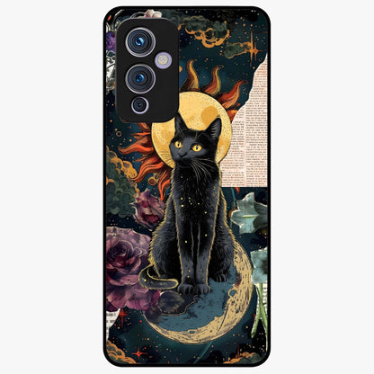 Celestial Black Cat Glass Case showing flat back view with mystical black cat artwork and glossy glass finish.