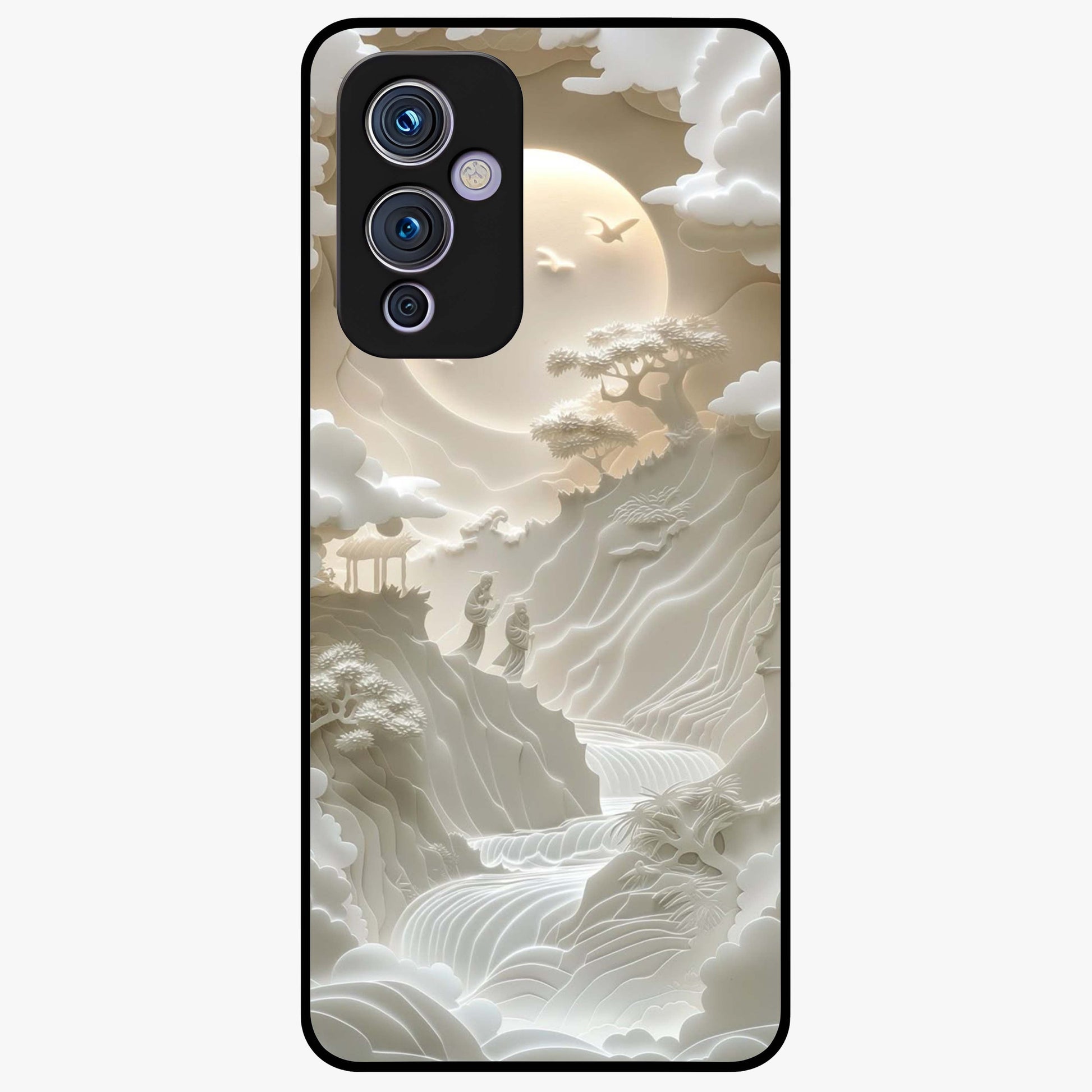 Celestial Origami Glass Case showing flat back view with artistic origami inspired celestial artwork and glossy glass finish.