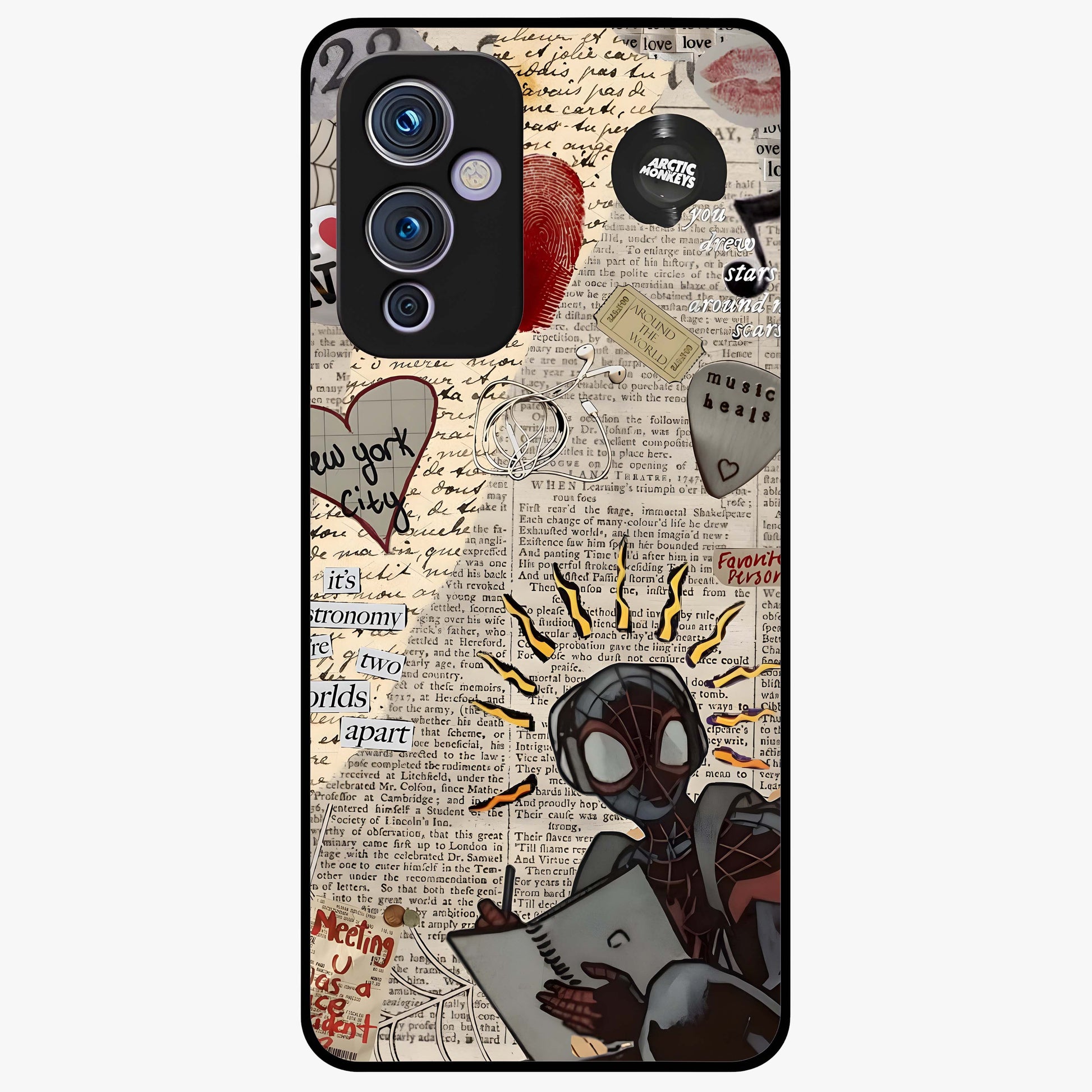 City Dream Sketch Glass Case showing flat back view with artistic city skyline sketch artwork and glossy glass finish.