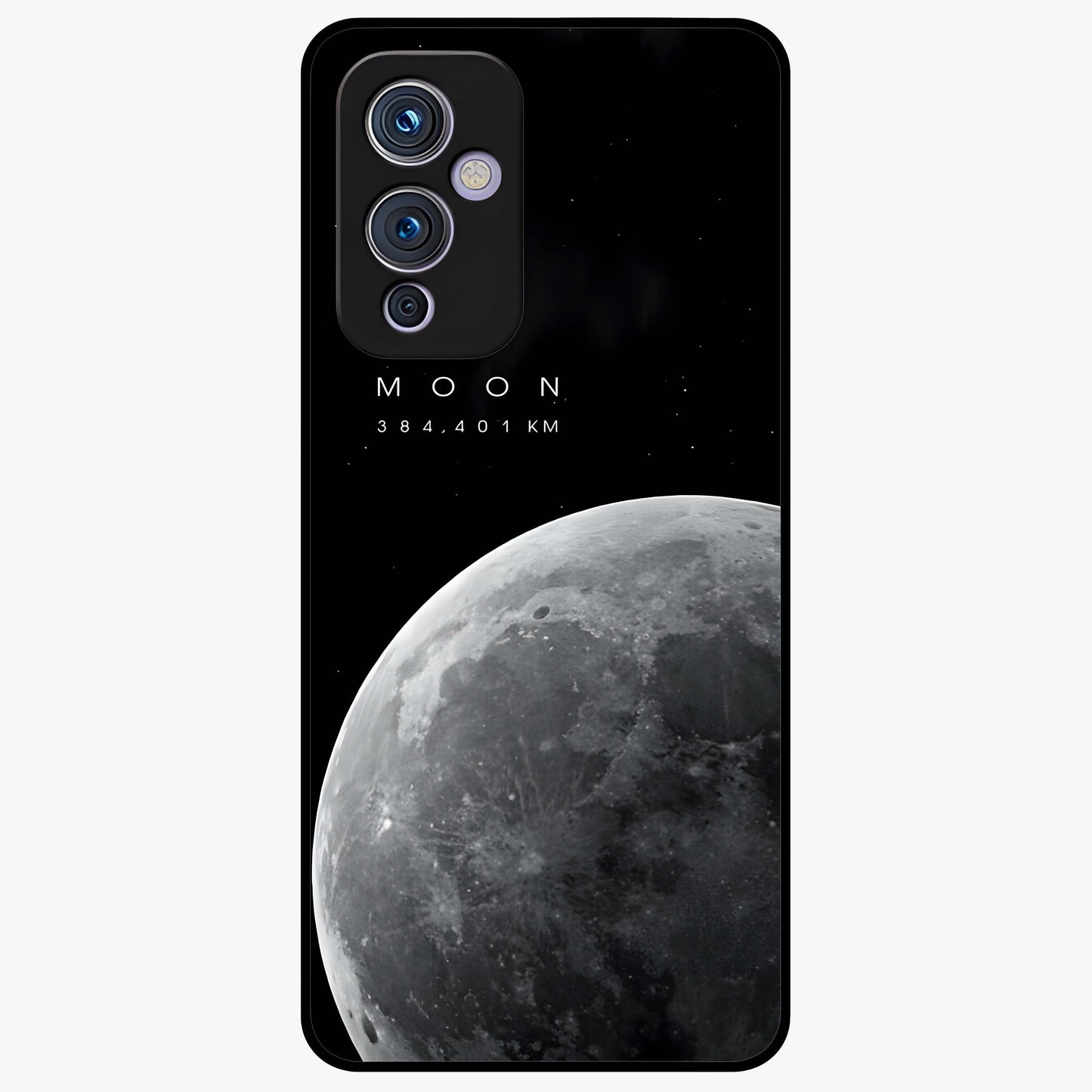 Cosmic Moon Glow Glass Case showing flat back view with glowing moon artwork and glossy glass finish.
