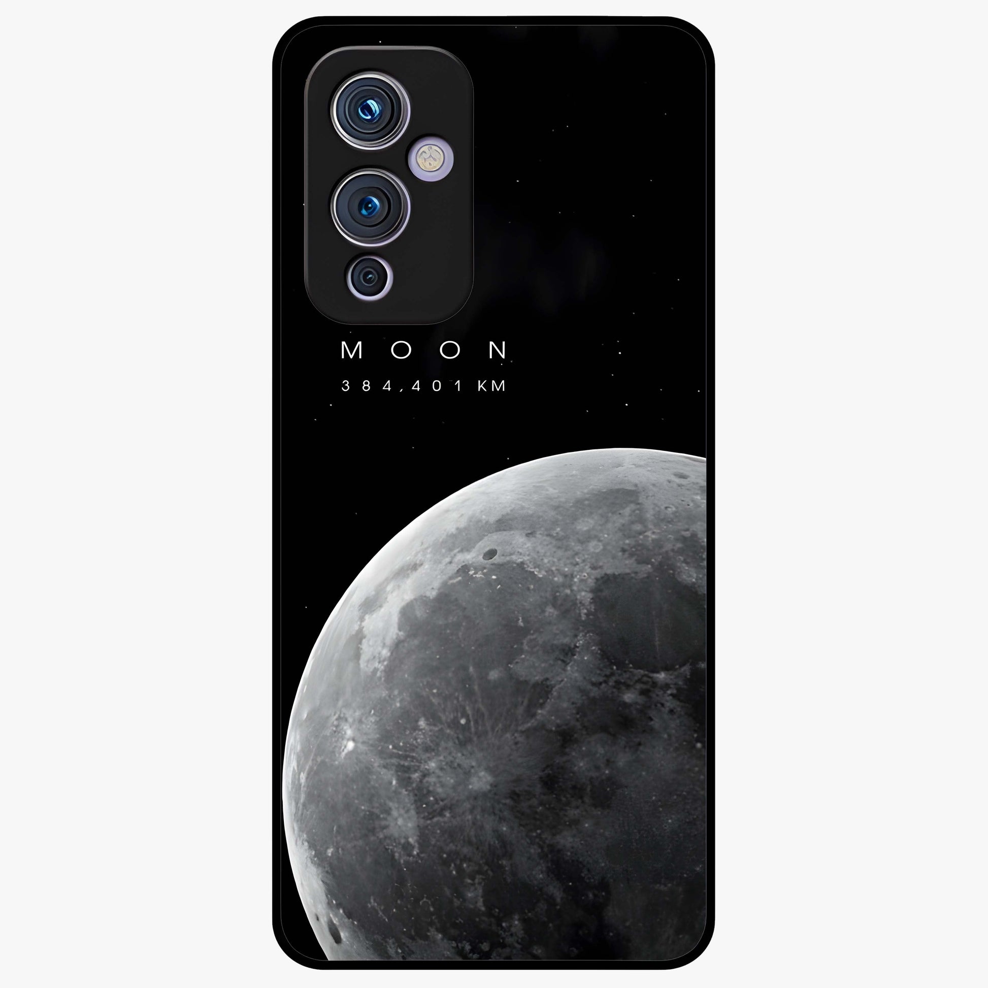 Cosmic Moon Glow Glass Case showing flat back view with glowing moon artwork and glossy glass finish.