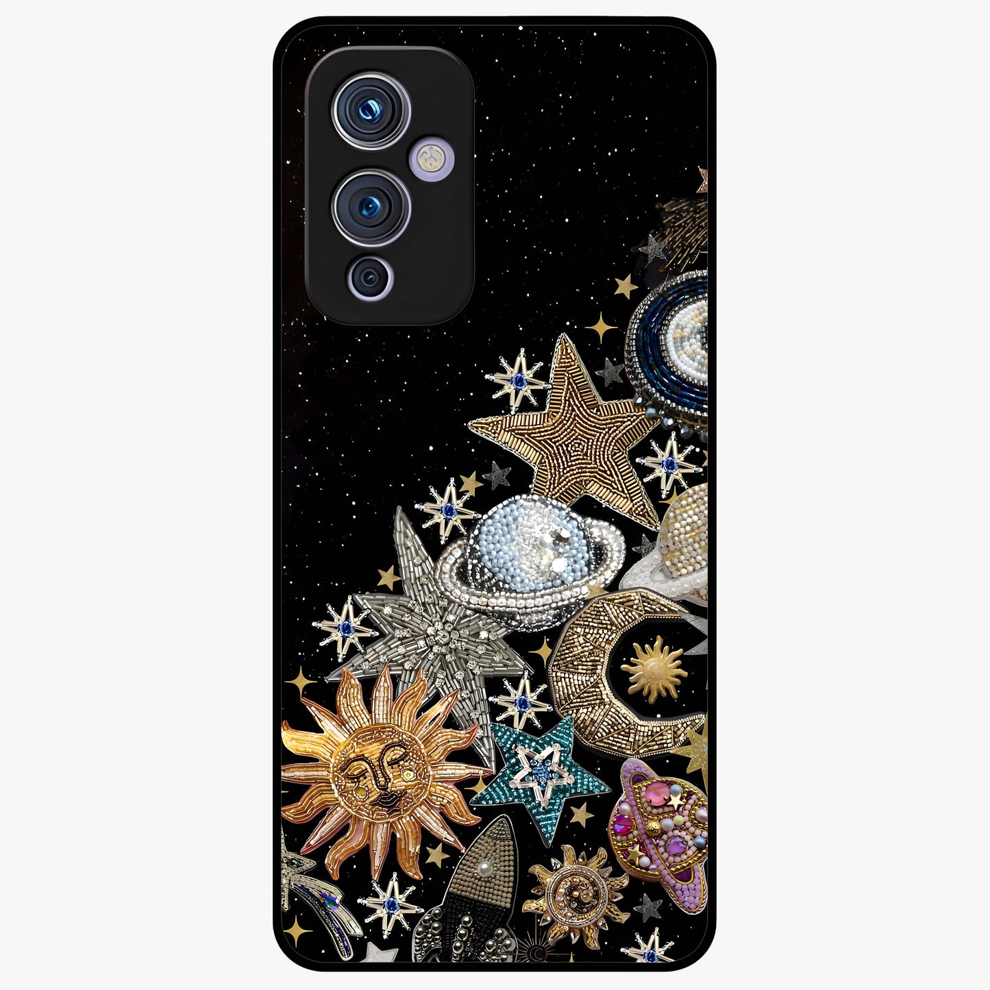 Cosmic Sparkle Dreams Glass Case showing flat back view with sparkling cosmic artwork and glossy glass finish.