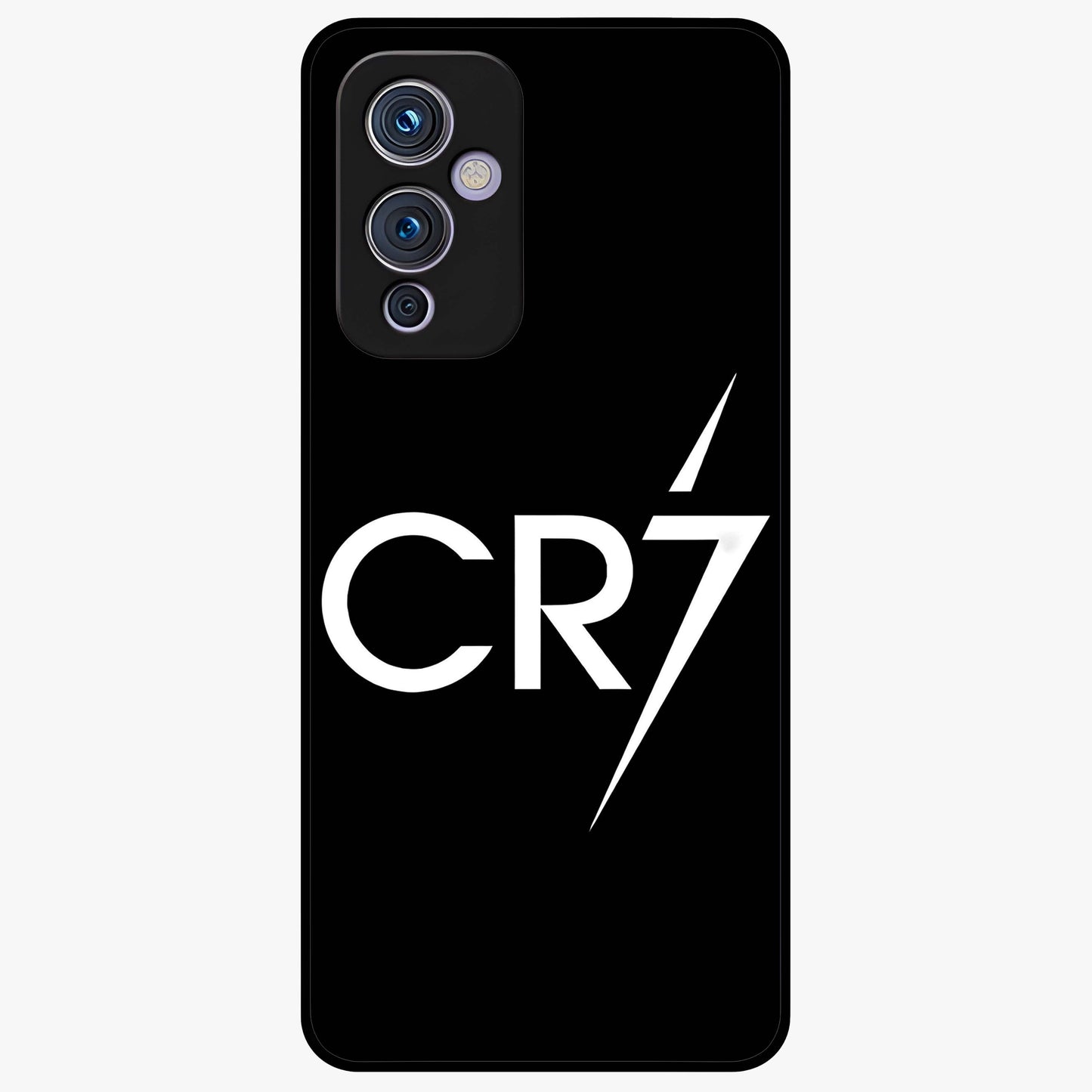 Cr7 Elite Strike Glass Case showing flat back view with dynamic football inspired artwork and glossy glass finish.