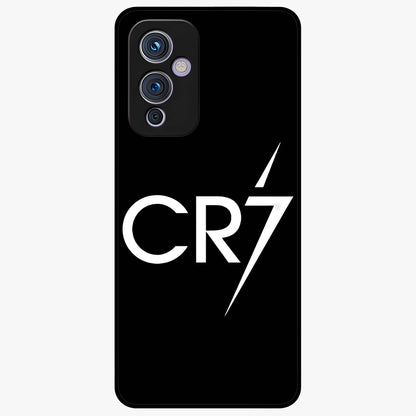 Cr7 Elite Strike Glass Case showing flat back view with dynamic football inspired artwork and glossy glass finish.