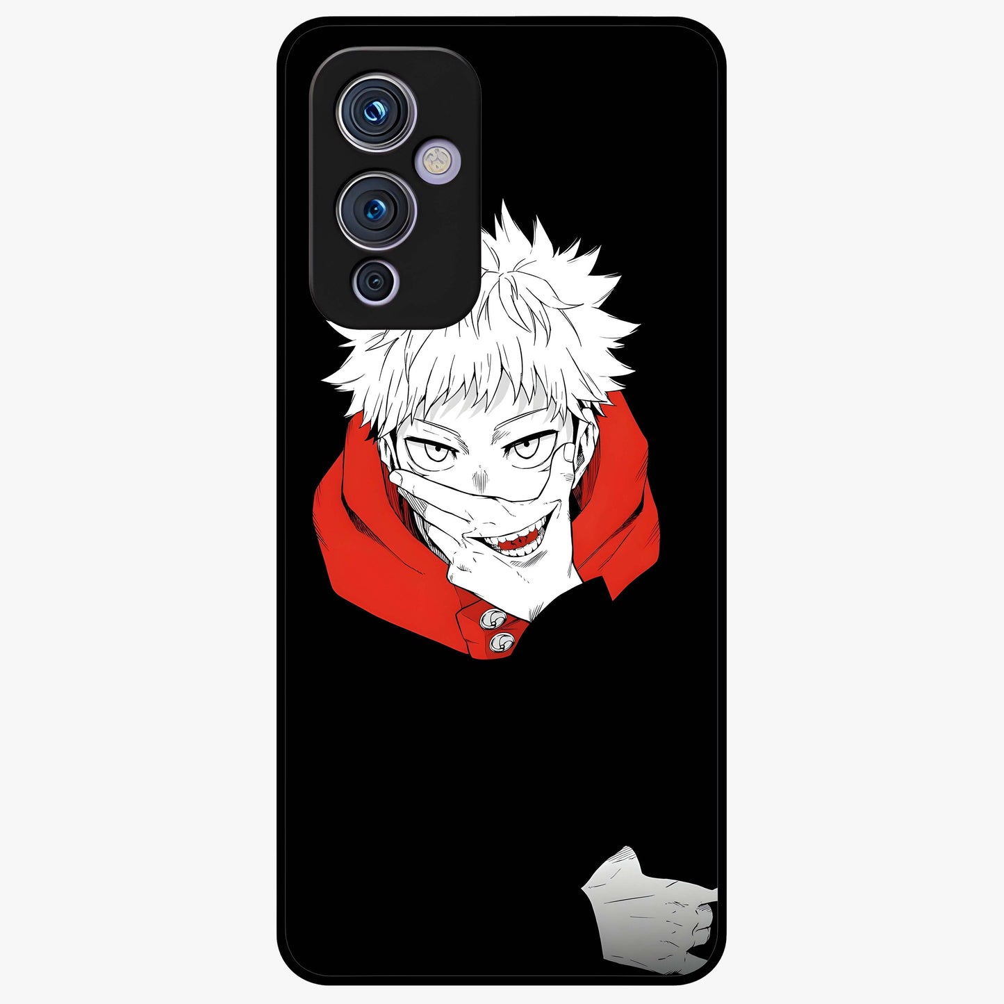 Crimson Chaos Smile Glass Case showing flat back view with bold chaotic smile artwork and glossy glass finish.