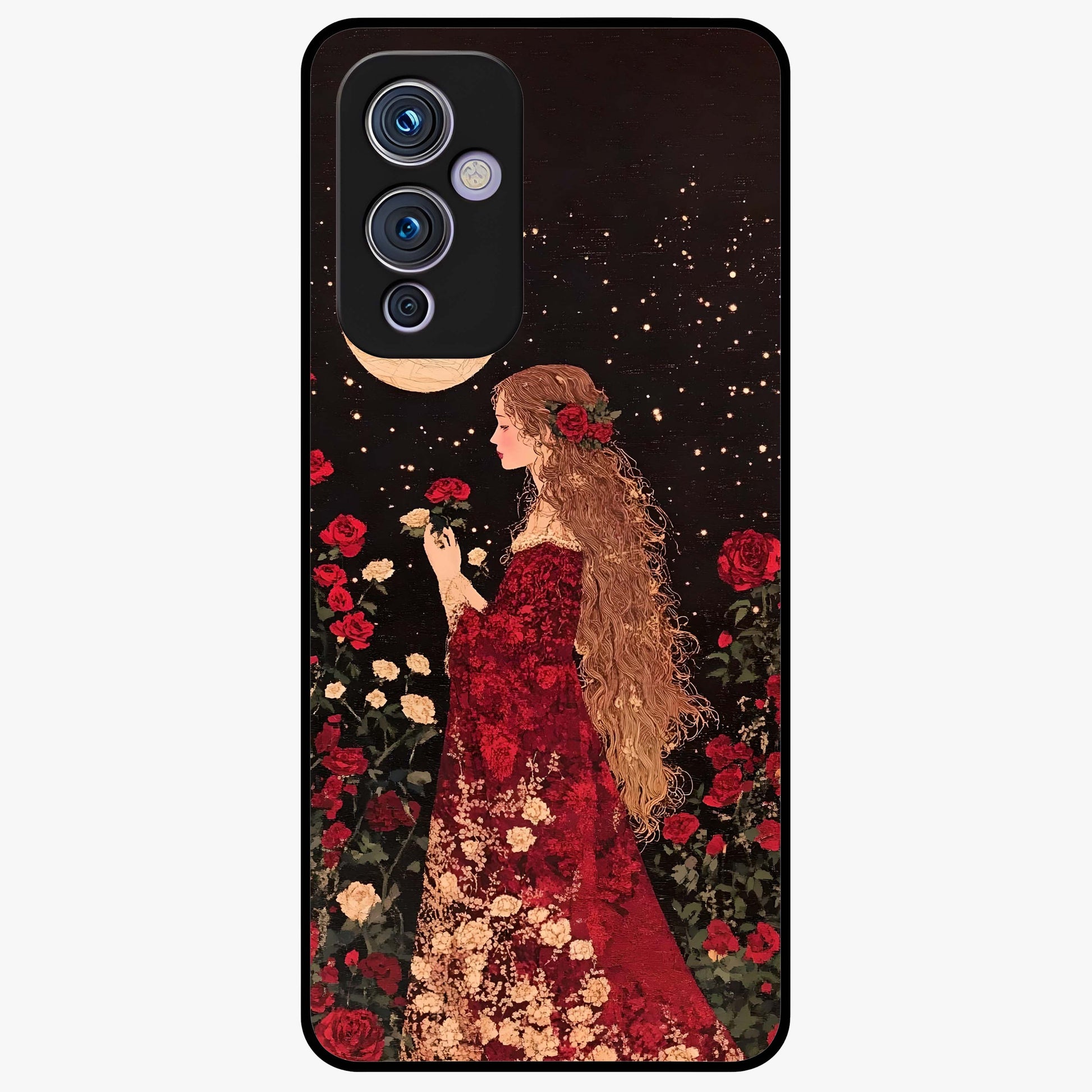 Crimson Dreams Glass Case showing flat back view with dreamy crimson artwork and glossy glass finish.