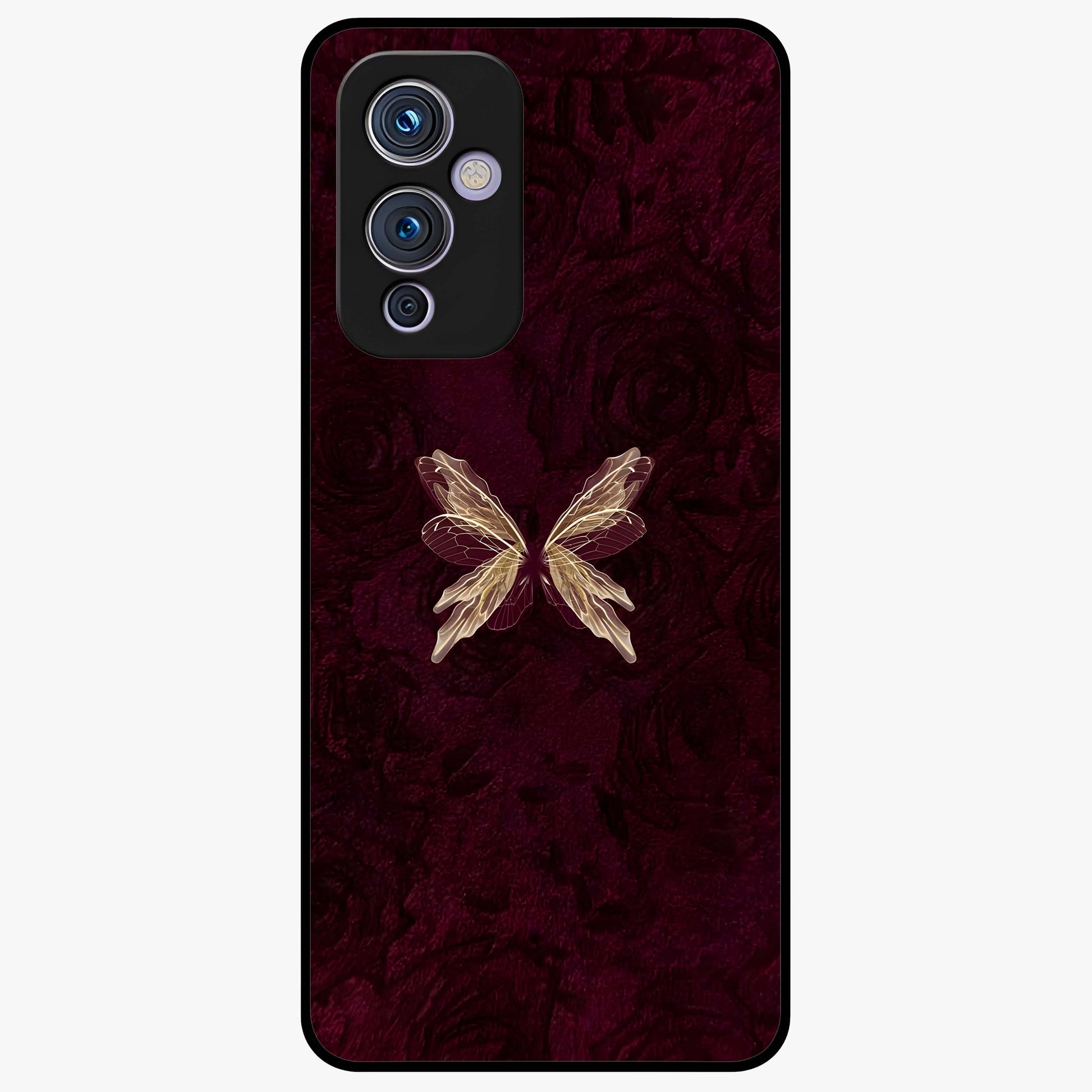 Crimson Fade Butterfly Glass Case showing flat back view with fading butterfly artwork and glossy glass finish.