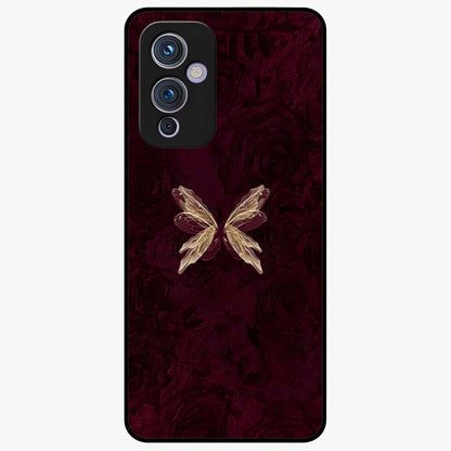 Crimson Fade Butterfly Glass Case showing flat back view with fading butterfly artwork and glossy glass finish.