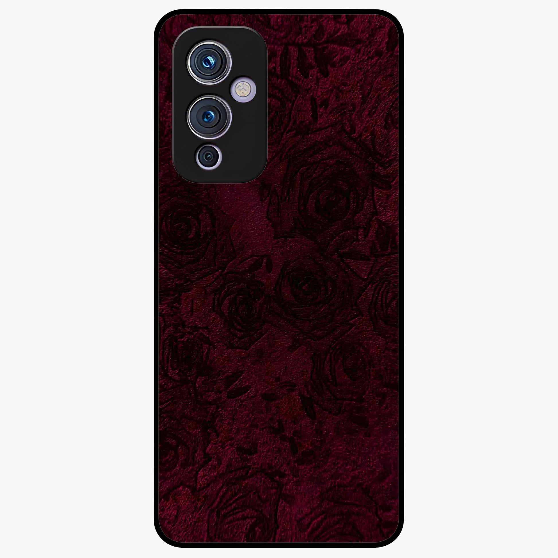 Crimson Fade Flow Glass Case showing flat back view with flowing crimson gradient artwork and glossy glass finish.