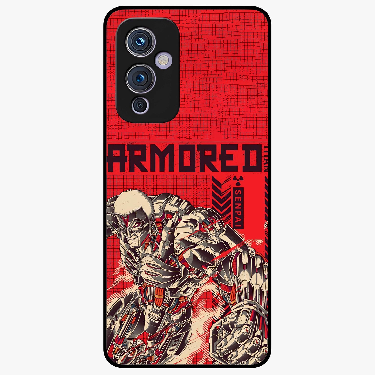 Crimson Mecha Titan Glass Case showing flat back view with powerful mech titan artwork and glossy glass finish.