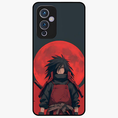 Crimson Moon Warlord Glass Case showing flat back view with mystical moon warrior artwork and glossy glass finish.