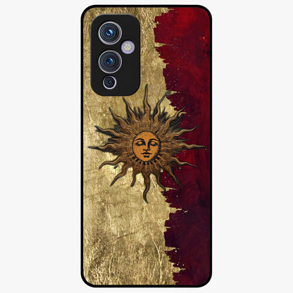 Crimson Sun Majesty Glass Case showing flat back view with radiant sun inspired artwork and glossy glass finish.