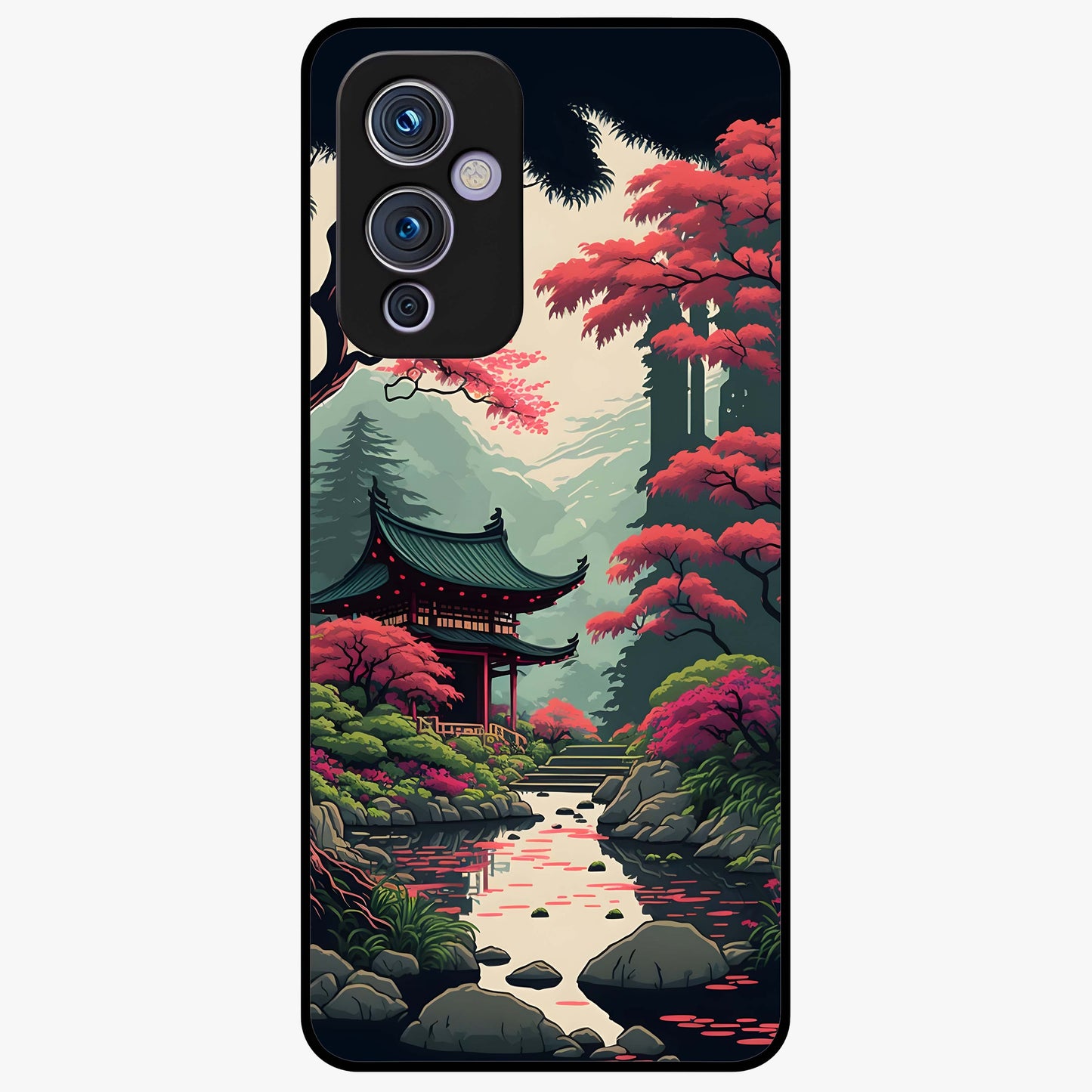 Crimson Temple View Glass Case showing flat back view with temple inspired artwork and glossy glass finish.