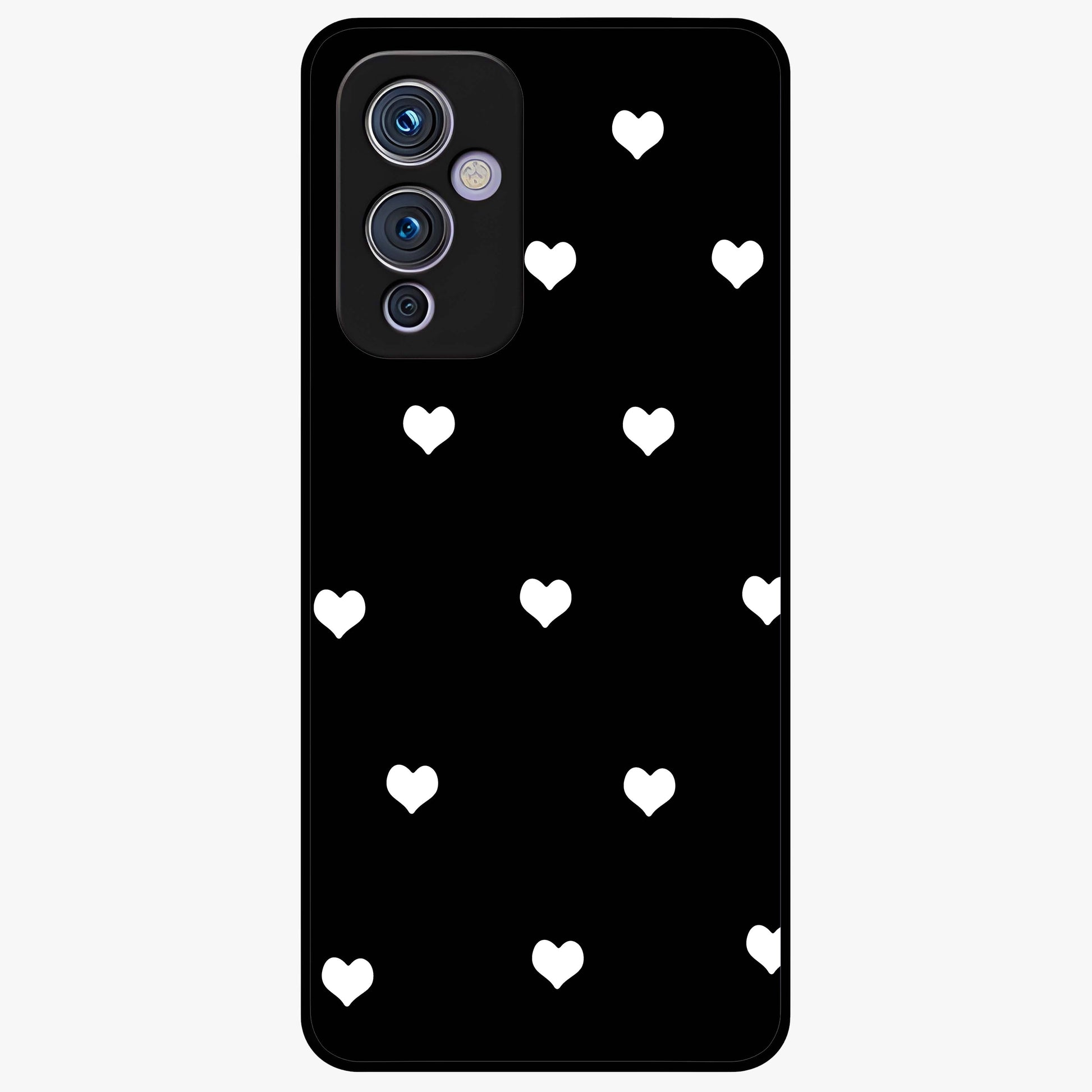 Cute And Simple White Hearts Glass Case showing flat back view with minimal white heart pattern and glossy glass finish.